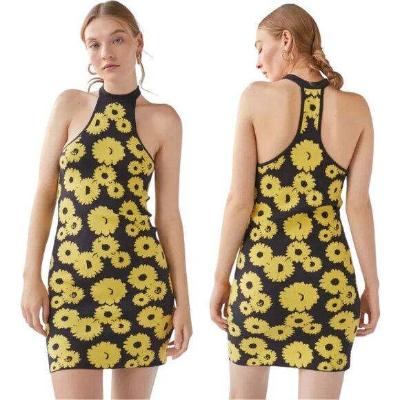 Urban Outfitters Charlie Floral Knit Mini Dress Women's Medium Black Yellow NWT - Picture 1 of 14